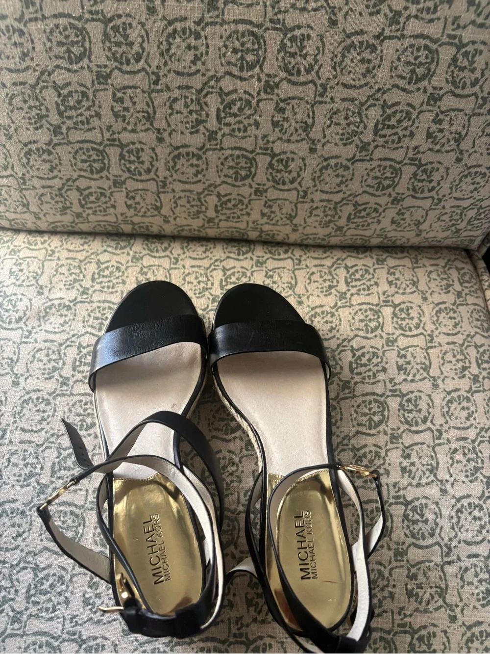 MICHAEL Michael Kors Black Leather Espadrille Wedge Sandals